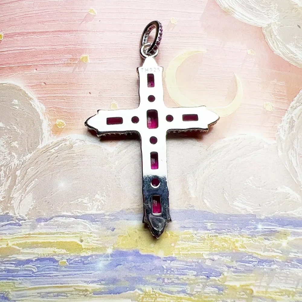 Silver Cross Flor a Necklace or a charm Pendant Round Cut Stones Dia - Picture 13 of 17